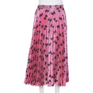 Gucci Pink Lurex Silk Bow Intarsia Pleated Midi Skirt L