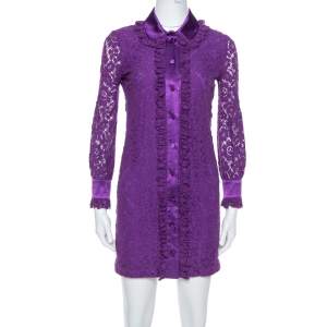 Pre Owned Gucci Purple Lace Cotton Satin Trim Detail Shirt Dress XS