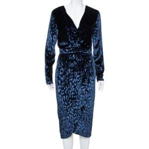 Pre Owned Gucci Navy Blue Velvet Leopard Pattern Faux Wrap Dress M