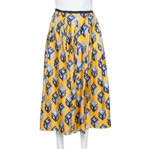 Pre Owned Gucci Yellow Cube Printed Silk Pleated Midi Skirt S
