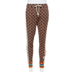 Pre Owned Gucci Brown Logo Intarsia Knit Side Stripe & Applique Detail Mid-Rise Trousers XS