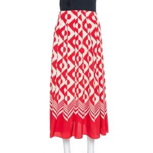 Pre Owned Gucci Red & Cream Geometric Printed Silk Midi Skirt S