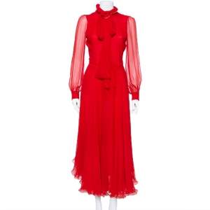 Pre Owned Gucci Red Silk Chiffon Collar Tie Belt Detail Flared Midi Dress S