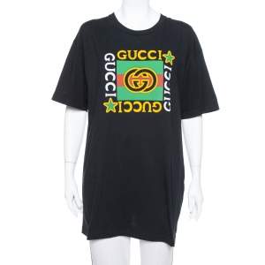 Pre Owned Gucci Black Logo Printed Cotton Crewneck Oversized T-Shirt M
