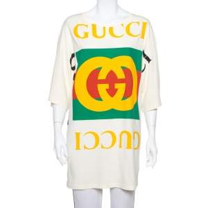 Pre Owned Gucci Cream Cotton Logo Printed Oversized T Shirt Dress XS