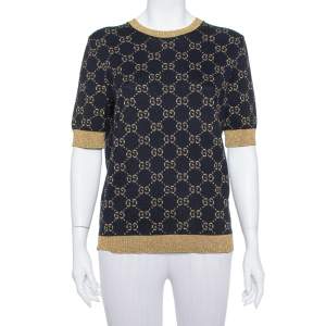 Pre Owned Gucci Navy Blue Logo Pattern Lurex Knit Short Sleeve Sweater XL