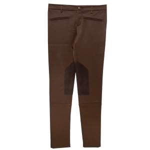 Pre Owned Gucci Brown Cotton & Wool Leather Patch Detail Paneled Tapered Trousers S