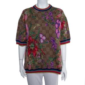 Pre Owned Gucci Beige Floral Jacquard Lurex Knit Logo Monogram Short Sleeve Sweater M