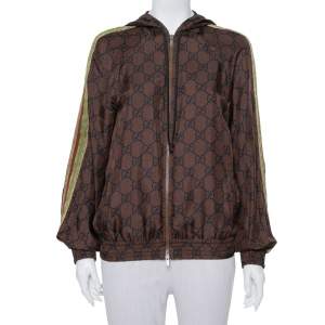 Pre Owned Gucci Brown Guccissima Printed Silk Stripe Detail Hooded Jacket XS