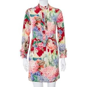 مملوكة مسبقًا Gucci Multicolor Hydrangea Printed Silk Neck Tie Detail Shirt Dress S