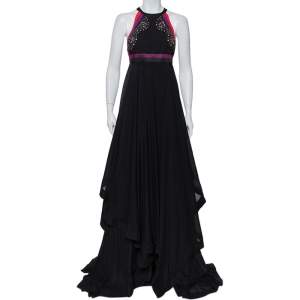 Pre Owned Gucci Black Embellished Silk Cutaway Asymmetrical Layered Gown S