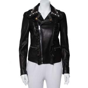 Gucci Black Leather Bead Studded Short Jacket M