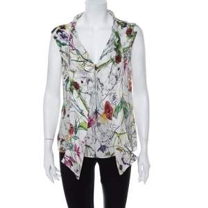 Gucci White Floral Printed Silk Neck Tie Detail Sleeveless Top M