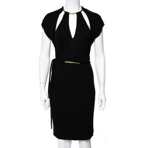 Pre Owned Gucci Black Knit Metal Embellished Cutout Detail Belted Dress M