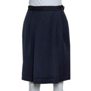 Gucci Vintage Navy Blue Wool Pleated Wrap Detail Knee Length Skirt S