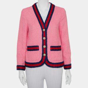 Pre Owned Gucci Pink Tweed Striped Detail Pearl Button Front Jacket M