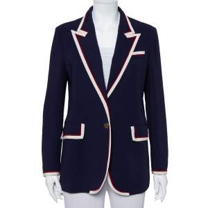 Pre Owned Gucci Navy Blue Crepe Contrast Trim Detail Button Front Blazer L