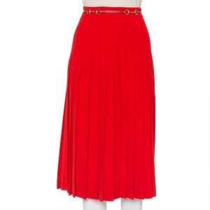 Pre Owned Gucci Red Wool Pleated Leather Belt Detail Midi Skirt M