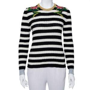 Pre Owned Gucci Monochrome Striped Knit Floral Embroidered Applique Sweater S