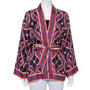 Gucci Navy Blue & Red Ribbon Printed Silk Open Fronted Belted Kimono Top M