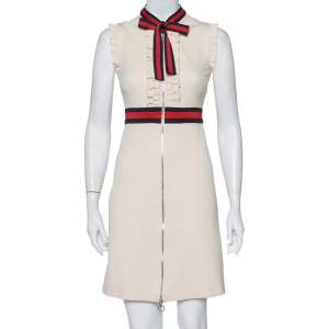 Pre Owned Gucci Cream Jersey Web Stripe Neck Tie Detail Zip Front Mini Dress XS
