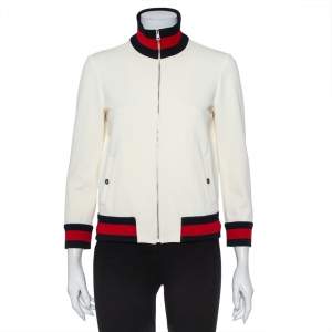 Pre Owned Gucci Off White Knit Striped Trim Detail Zip Front Jacket L