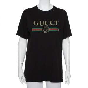 Pre Owned Gucci Black Cotton Logo Printed Distressed Oversized T-Shirt S