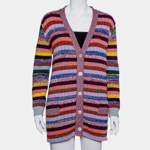 Gucci Multicolor Lurex Knit & Silk Reversible Button Front Cardigan L