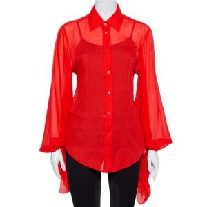 Pre Owned Gucci Red Cotton Sleeve Tie Detail Button Front Shirt M