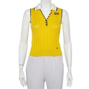 Pre Owned Gucci Yellow Linen & Silk Knit Contrast trim Detail Sleeveless Polo T-Shirt XS