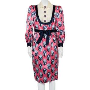 Gucci Pink Cube Printed Silk Satin Belted Midi Dress M