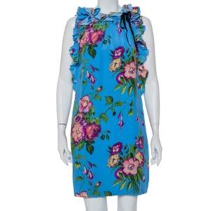 Pre Owned Gucci Blue Floral Printed Silk Ruffle Detail Tunic M