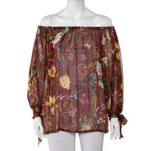 Pre Owned Gucci Brown Flora Print Silk Chiffon off Shoulder Top S