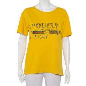 مملوكة مسبقًا Gucci Yellow Cotton Logo Printed Coco Capitan Distressed T-Shirt S