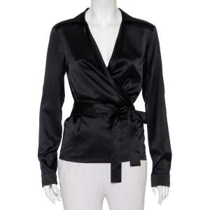 Pre Owned Gucci Black Silk Satin Collared Wrap Top M