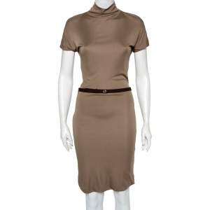 مملوكة مسبقًا فستان ميدي غوتشي جيرسيه بيج بعنق طربوش وحزام مقاس متوسط - ميديوم 