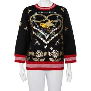 Pre Owned Gucci Black Jersey Laminated Heart & Applique Bee Contrast Trim Detail Sweatshirt M