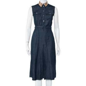 Pre Owned Gucci Dark Grey Cotton Python Collar Detail Sleeveless Belted Midi Dress S