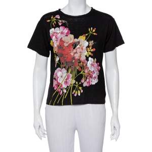 Pre Owned Gucci Black Embellished Floral Printed Linen T-Shirt XS 