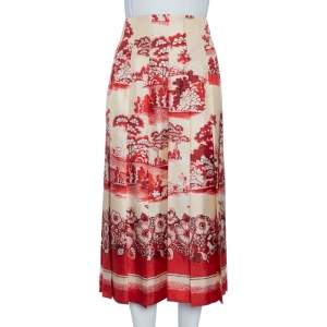 Pre Owned Gucci Cream Floral Printed Silk Pleated Midi Skirt M