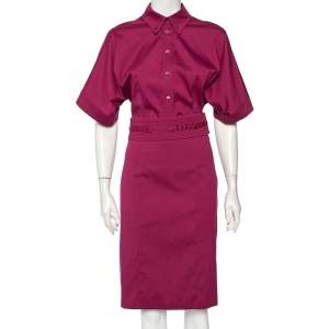 Pre Owned Gucci Purple Stretch Cotton Belted Midi Shirt Dress M 