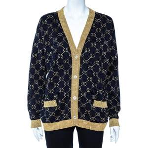 Pre Owned Gucci Black Logo Monogram Lurex Knit Button Front Oversized Cardigan M