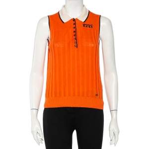 Gucci Orange Linen & Silk Knit Contrast Trim Detail Sleeveless Polo T-Shirt L