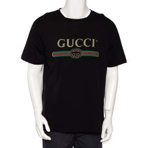 Gucci Black Logo Printed Cotton Distressed Oversized T-Shirt M 
