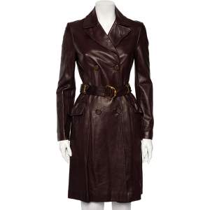 Gucci Burgundy Leather Double Breasted Belted Coat S