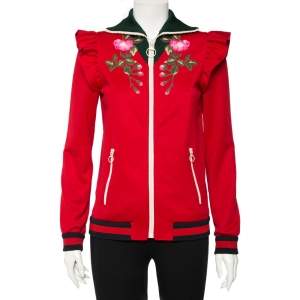 Pre Owned Gucci Red Jersey Floral Embroidered Technical Jacket S