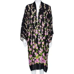 Pre Owned Gucci Black Climbing Roses Print Jacquard Silk Kimono L 