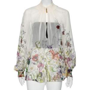 Pre Owned Gucci White Floral Print Crepe Silk Blouse S