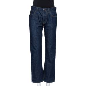 Pre Owned Gucci Blue Denim Leather Tab Detail Regular Fit Jeans M 