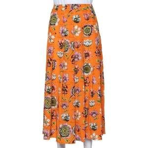 Pre Owned Gucci Orange Floral Printed Silk Pleated Midi Skirt M